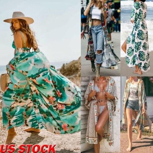 2019 Women Cotton Floral Bikini Cover-up Floral Print Long Sleeve Summer Cardigan Swimwear Beach Long Dress
