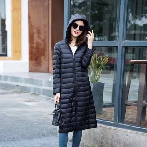 Womans Ultra Light Down Jackets Slim Hooded Knee Length 90% White Duck Down Coats Women Warm Down Parkas Lady Overcoat JK-790