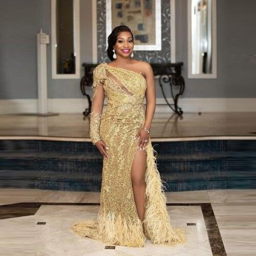 Gold One Shoulder Mermaid Evening Dresses Lace Feathers Beads Plus Size Prom Dresses Aso Ebi High Split Party Cocktail Gowns