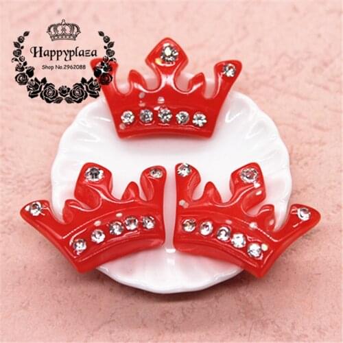 10pcs Kawaii Red Resin Crown Shiny Crystal Rhinestone Flatback Cabochon Charm DIY Hair Bow Center Decoration,19*27mm