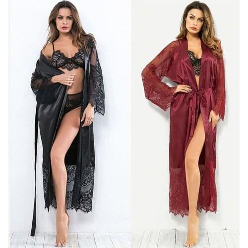2021 Adult Temptation Hollow Pattern Long-sleeved Nightgown New Sexy European and American Long Bathrobe