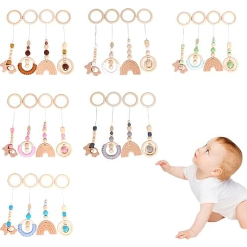 4 Pcs/Set Baby Gym Frame Stroller Hanging Pendants Wooden Ring Teether Molar Teething Nursing Rattle Toys Infant Room Decoration