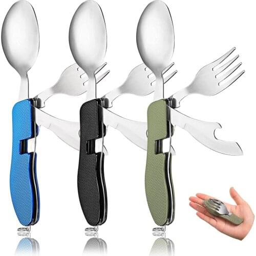 4 In 1 Set Outdoor Camping Tableware Stainless Steel Spoon Folding Pocket Kits Cooking Supplies Home Travel Hiking Picnic Tools