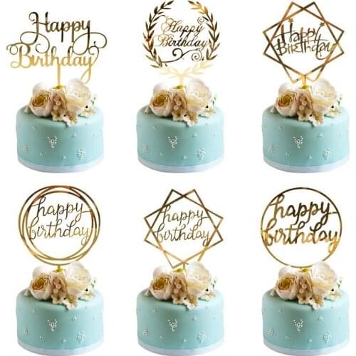 6pcs/bag Gold Happy Birthday Cake Topper Acrylic Cupcake Topper Birthday Cake Decorations Kids Favors Party Supplies