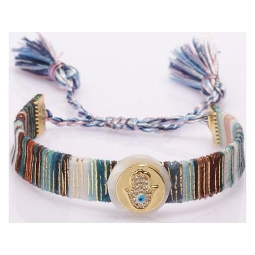 Ethnic boho white cz evil eye fatimas hand cross soft cotton silk tassel tail wristband adjustable charm bracelet for woman