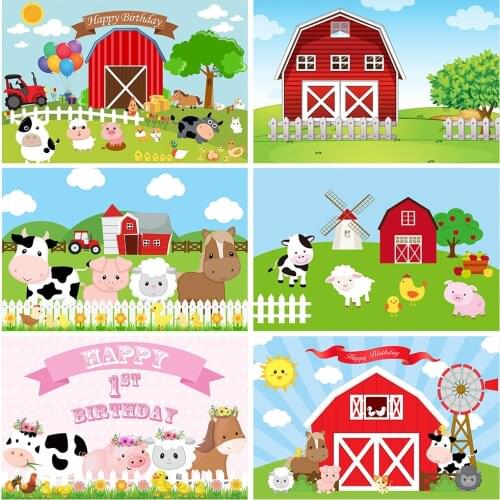 Farm Theme Background Red Barn Tractor Cartoon Animals Backdrop Baby Birthday Party Photo Background Decorations Prop