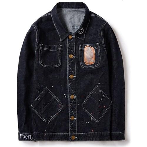 Idopy Men Baggy Stretch Jean Jackets Fashion Painted Denim Jacket Outerwear With Letter Embroidery Loose Fit Plus Size M-8XL