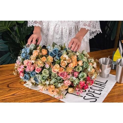 10 Heads / Bunch of Bridal Bouquet Silk Roses Christmas Home Wedding New Year Decoration Fake Plant Artificial Flowers