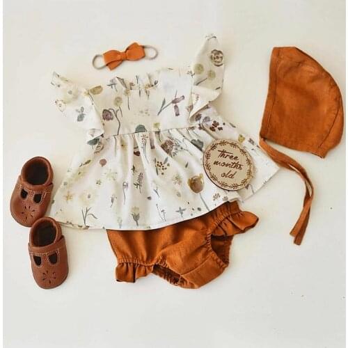 Hot 2021 Fashion Toddler Kids Baby Girls Ruffled Print Tops PP Shorts Hair Band Hat Outfit Sets Kids & Mother Drop Shipping