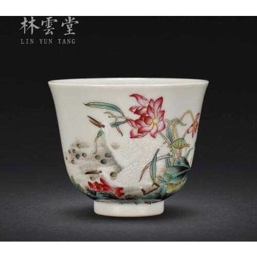 Lin Yuntang hand painted lotus egret powder Master Cup single cup Jingdezhen handmade ceramic kungfu tea cup
