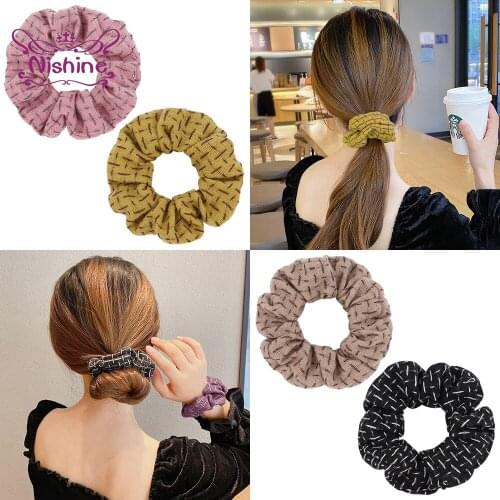 Nishine 1 PCS Vintage Knitting Plaids Women Large Intestine Hair Rope Fashion Elastic Girls Ponytail Hairband Lady Accessories
