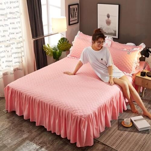 2019 new products Thickening Quilting Bedspread Fitted Sheet Pillowcases 2/3 pcs Solid Princess Pleated lace Bedding