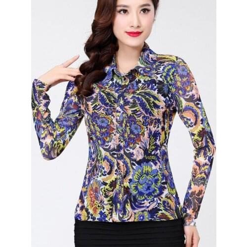 Fall Spring Casual Female Women 3XL Printed Floral Full Sleeve Mesh Blouse Shirt , Single Breasted Cardigan Blouses For Woman