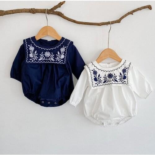 Autumn New Baby Girl Bodysuits Navy Collar Embroidery Long Sleeve Cotton Triangle Jumpsuit Spring Baby Clothes Outfit One-piece