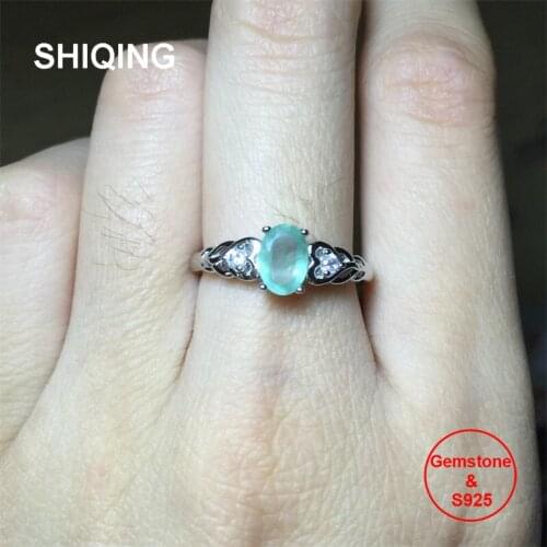 SHIQING Genuine gemstone emerald green color heart white gold plated sterling silver rings for love