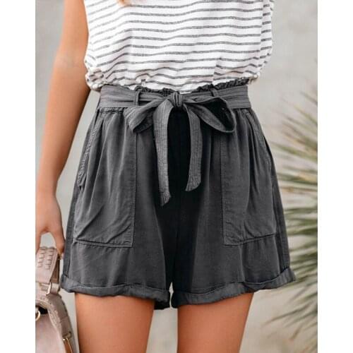 Uclio Womens Loose-Fitting Shorts Lace-Up Mid-Waist Solid Color Urban Casual Slimming Curled Trousers Gray