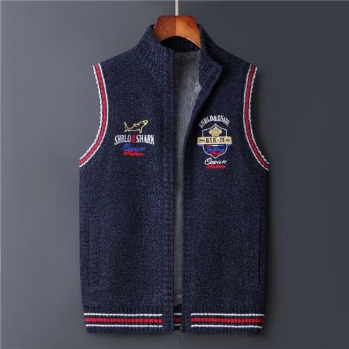 Sleeveless Vest Sweater Male Shark Knitted Knit wear Clothes Fleece Warm Zipper Winter Cardigan Men Vest Brand 2021