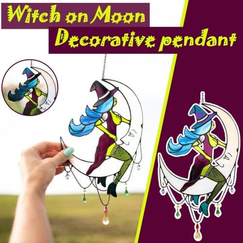 Stained Acrylic Witch Wind Chimes Wall Window Hanging Decor Sunbathing on Moon Decor Stained Glass Acrylic Pendant Ornaments