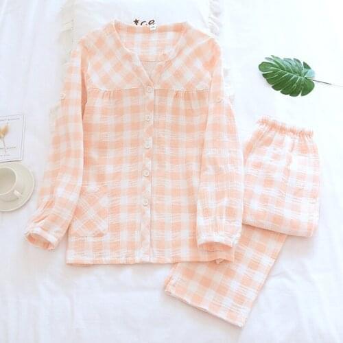 Women Double-layered Gauze Pajamas Cotton Plaid V-Neck Sleepwear Long-sleeved Trousers Loungewear Soft Breathable Two Piece Set
