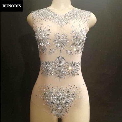 ZD26403 Women Sexy Bodysuit Simple Version Jumpsuit Material Spandex Sparkling Crystals Nightclub Party Dancer Singer Stage Wear