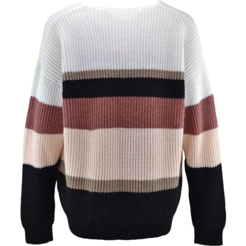 Women V Neck Striped Sweater Large Size Pullover Loose Knit Jumper Fashion pullover stitching V-neck plus size knit sweater