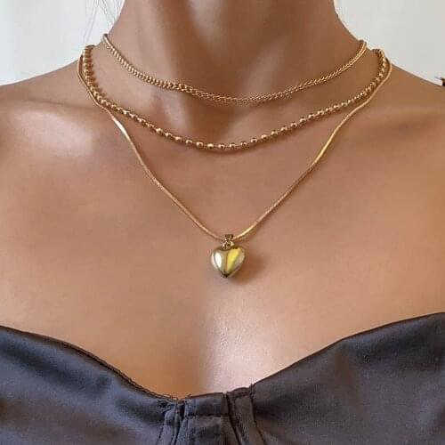 Vintage Multilayer Chains Love Heart Pendant Necklace for Women Beaded Geometric Clavicle Choker Necklace Colar Jewelry Gift