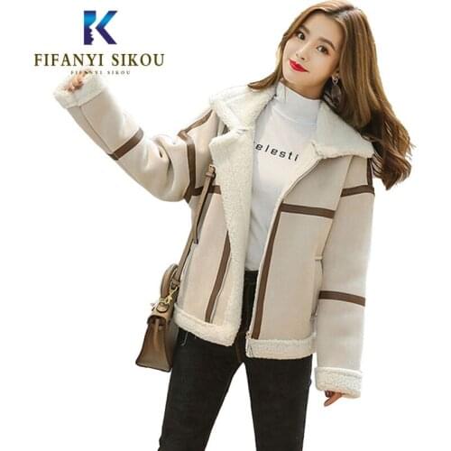 Winter Women Suede Jacket Thick Warm Faux Lamb Wool Jackets Coat Fashion Loose Motorcycle Leather Jacket Female Streetwear