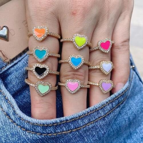 10Pcs 2021 New Fashion CZ Micro Pave Color Enamel Colorful Heart Metal Rings for Women Girls Couple Cubic Zircon Jewelry
