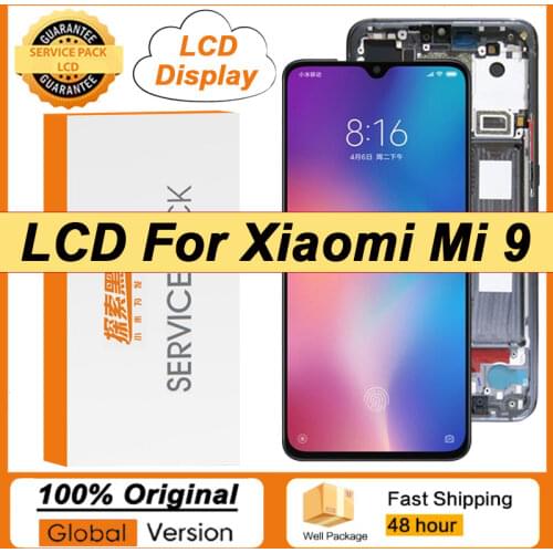 100% Original 6.39'' AMOLED Display + frame for Xiaomi Mi 9 LCD Touch Screen Digitizer Mi9 M1902F1G Repair Parts + Service Pack