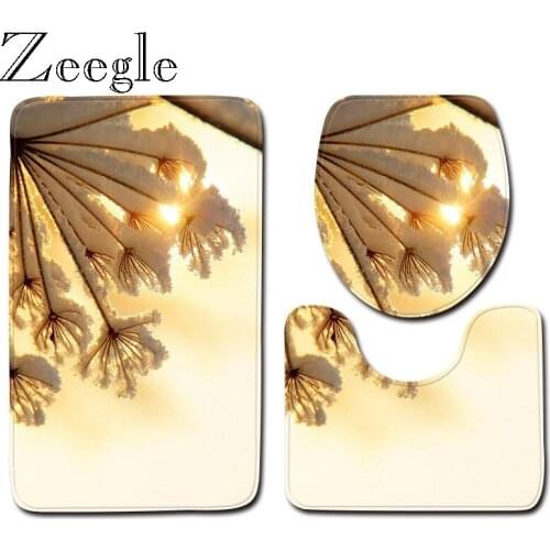 Zeegle 3D Natural Bath Mat Set Flannel Absorbent Toilet Pedestal Rug Anti Slip Foot Mat Toilet Seat Cover Mat 3pcs Toilet Set