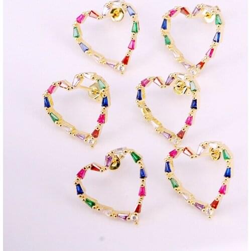 6Pairs, Cz Micro Pave Crystal Fashion Zirconia For Women Girls Multicolor Gold Color Heart Earring Studs Rainbow Series Jewelry