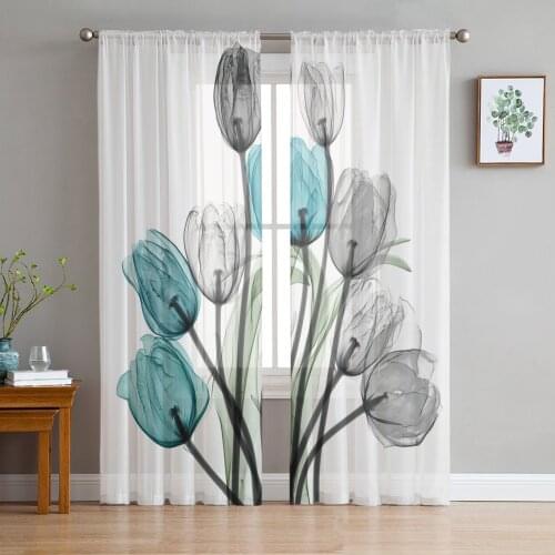 Turquoise Tulip Flower Sheer Curtains Window Curtains for Living Room Bedroom Blinds Kids Room Home Decor