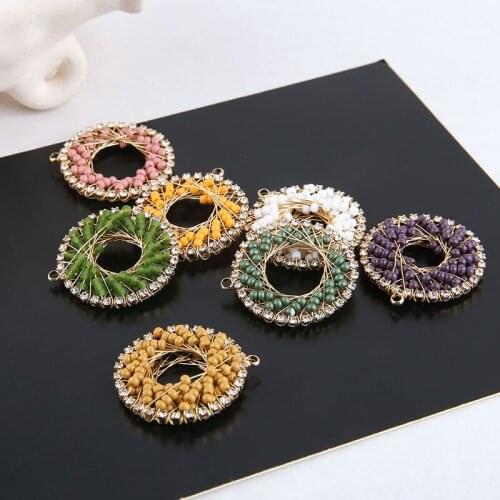 Handmade Seed Beads Woven Crochet Round Alloy Jewelry Charms 10pcs DIY Earring Circle Pendant Metal Ornament Accessories 26*28mm