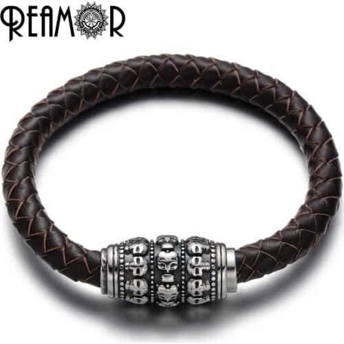 REAMOR 5 Types 17-21cm Punk 316l Stainless steel Skull Head Magnetic Clasp Genuine Leather Charm Bracelets&Bangle Men Jewelry