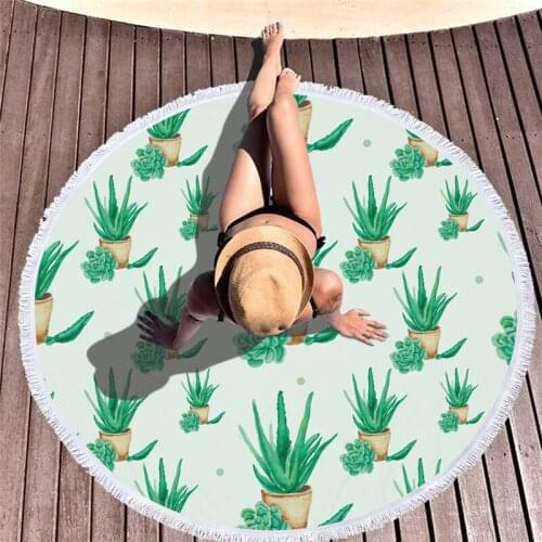 Casegrace Green Plant BathTowel Soft Microfiber Round Beach Towel With Tassels Picnic Cloth Blanket Superfine Fiber Towel