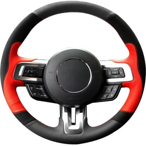 Car Steering Wheel Cover Hand-Stitched Soft Black Genuine Leather For Ford Mustang 2015-2019 Mustang GT 2015