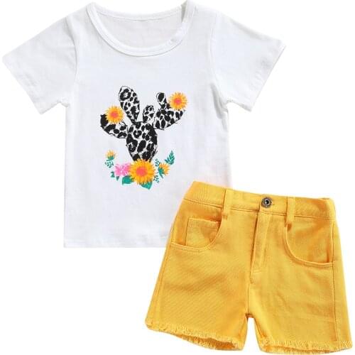 FOCUSNORM 0-5Y Summer Kids Girls Clothes Sets 2pcs Cactus Printed Short Sleeve T Shirts Solid Denim Shorts