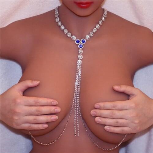 Blue White Stone Necklace for Women Sexy Lingerie Nipple Jewellery Non Piercing Jewelry Chain Necklace Festival Gift Girls