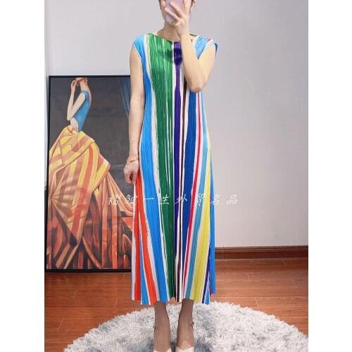 HOT SELLING Miyake fashion pleated one-piece dress stripe long dress IN STOCK