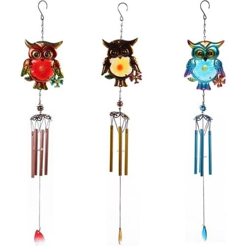 Owl Shape Wind Chime Metal Handicraft Owl Glass Painted Pendant Home Decoration Creative Gifts Lucky Humming Hanging Owl Decor