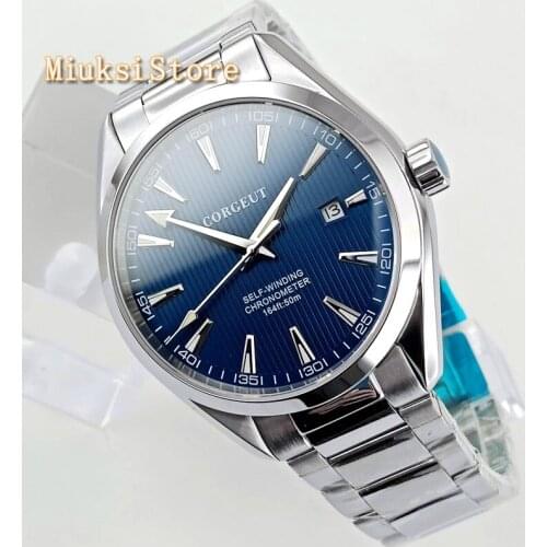 41MM Corgeut Silver watch case sapphire crystal blue dial date luminous automatic mens top luxury business watch