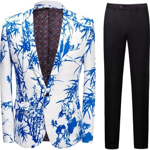 Mens Blue Bamboo Printed Suit Men Slim Fit Suit Set Blazers Singer Costume Casual Night Party Bar Suit