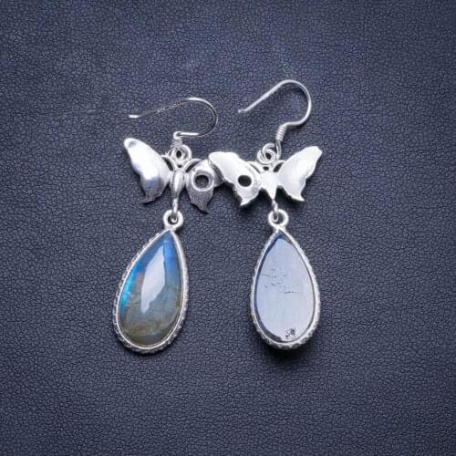 Natural Blue Fire Labradorite Handmade Unique 925 Sterling Silver Earrings 1.75" X4518