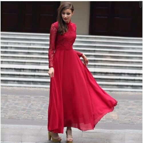 New Fashion Women Evening Club Ball Gown Long Dress Wine Red Lace Floor Length Elegant Autumn Dress Womens Maxi Dresses