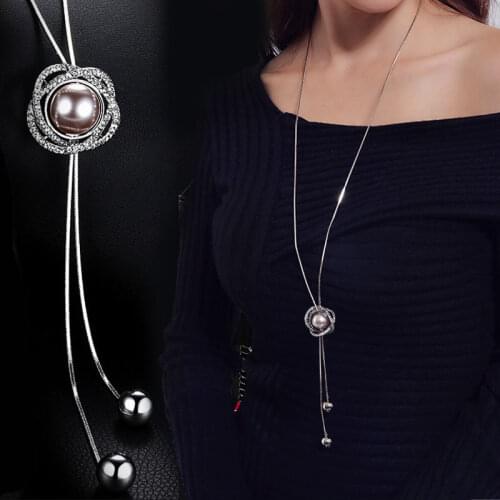 Autumn Winter Fashion Women Rose Simulated Pearl Long Necklace Statement Necklaces Sweater Chain Hip Hop Jewelry