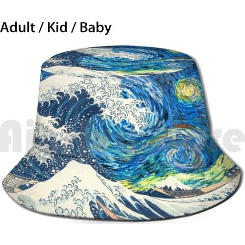 Starry Kanagawa Bucket Hat Adult kid baby Beach Sun Hats Starry Night The Great Wave Off Kanagawa