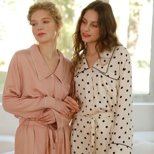 Women Satin Pajamas Set Summer Autumn Polka Dots Sleep Tops Shirts Bottoms Pants Pyjamas Nightwear Sleepwear Home Lounge Wear