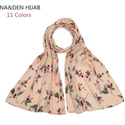 Pleated Newest Floral Printed Hijab Scarf Bubble Chiffon Muslim Shawls Women Lightweight Long Pashmina Scarves Female Head Wraps