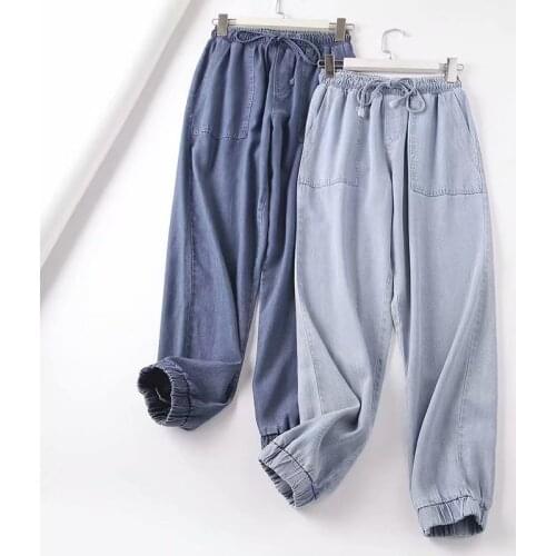 Plus size denim harem pants women pockets blue Jeans pants elastic waist casual spring summer high waist jeans pants streetwear