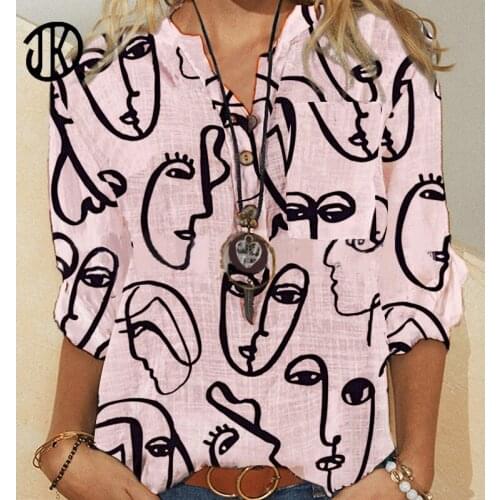 Abstract Face Pattern Shirt Spring Half Sleeve Casual Button Design Round Neck Blouse Casual Top For Streetwear Women Blusa 3XL